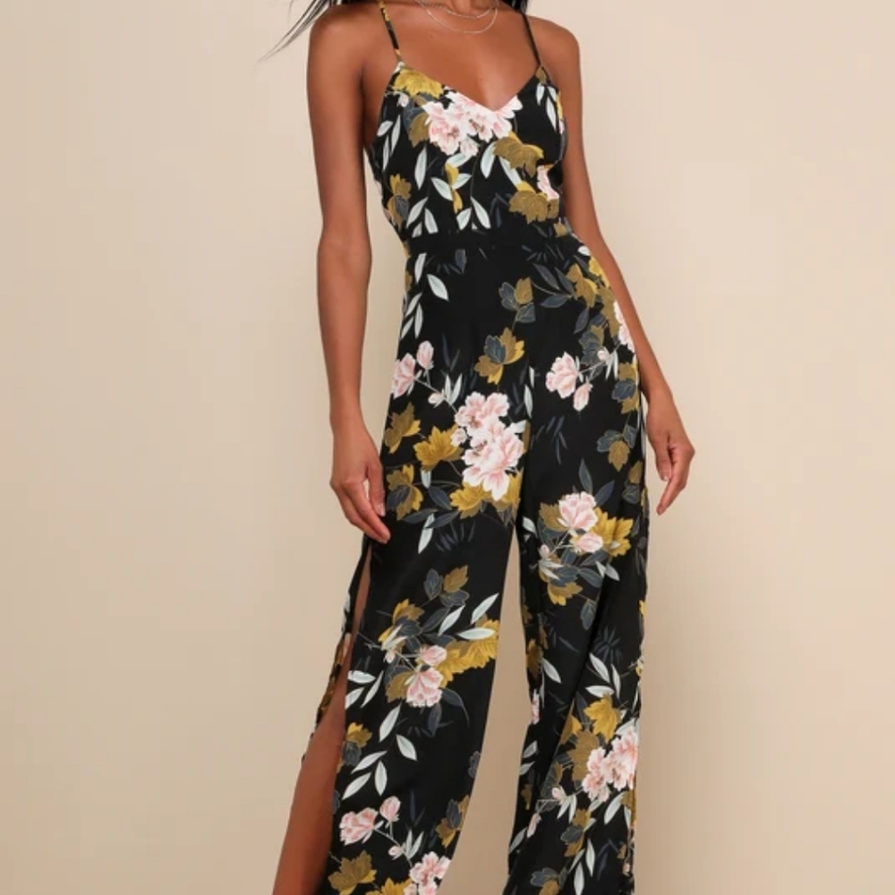 Lulu's Beautiful Blooms Black Floral Print Wide-Leg Jumpsuit